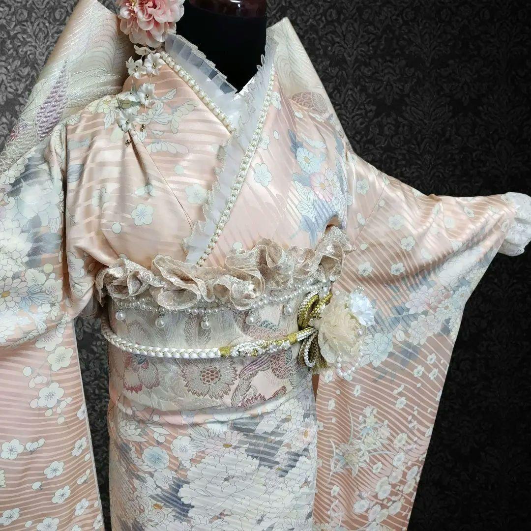 振袖フルセット(9点)・成人式・古典柄・銀駒刺繍・大輪牡丹・くすみカラー・花模様