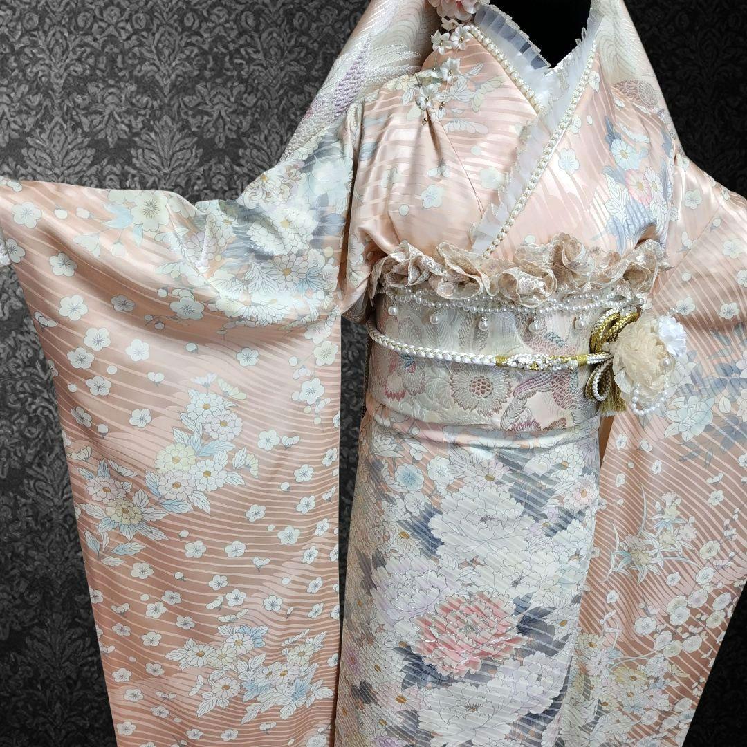 振袖フルセット(9点)・成人式・古典柄・銀駒刺繍・大輪牡丹・くすみカラー・花模様