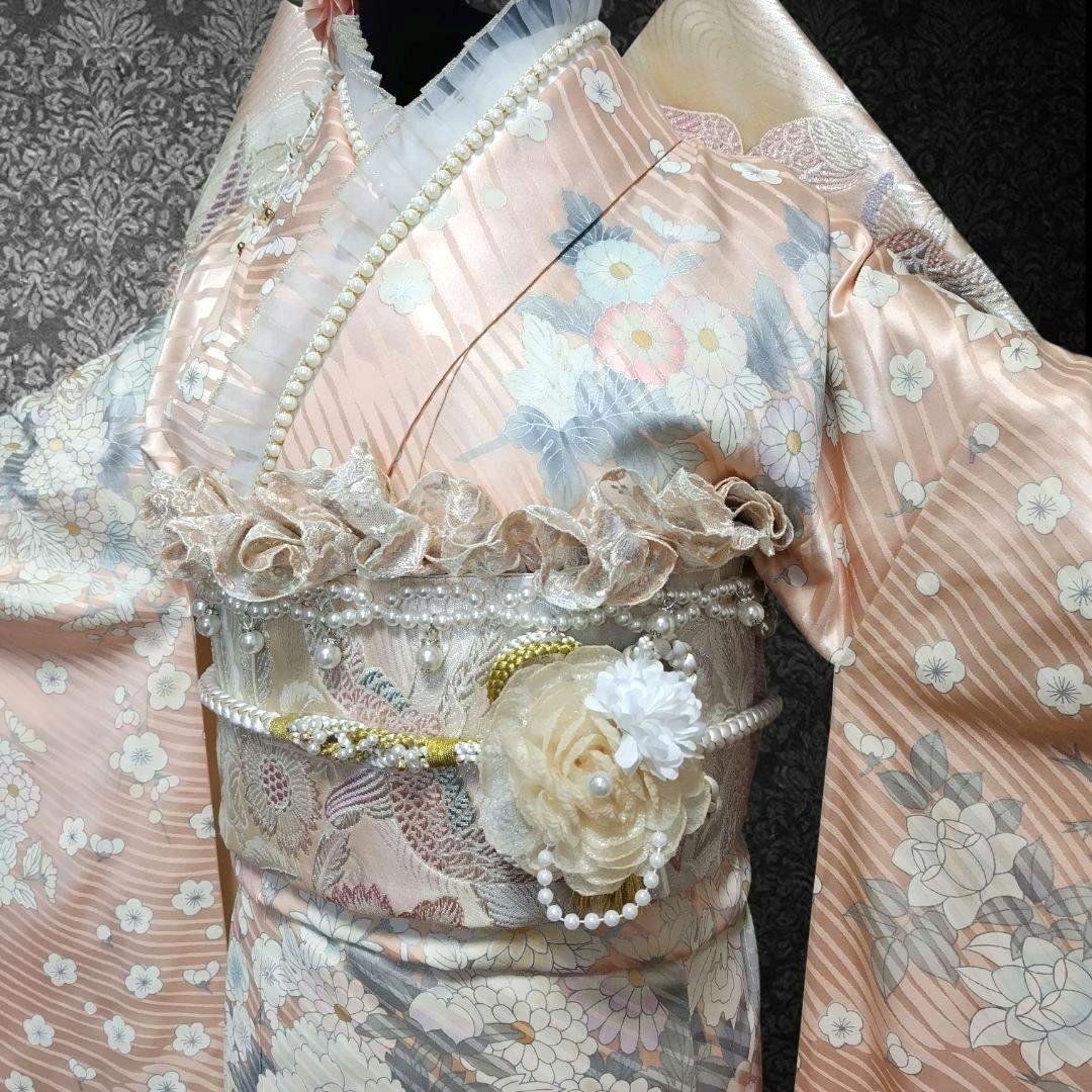 振袖フルセット(9点)・成人式・古典柄・銀駒刺繍・大輪牡丹・くすみカラー・花模様