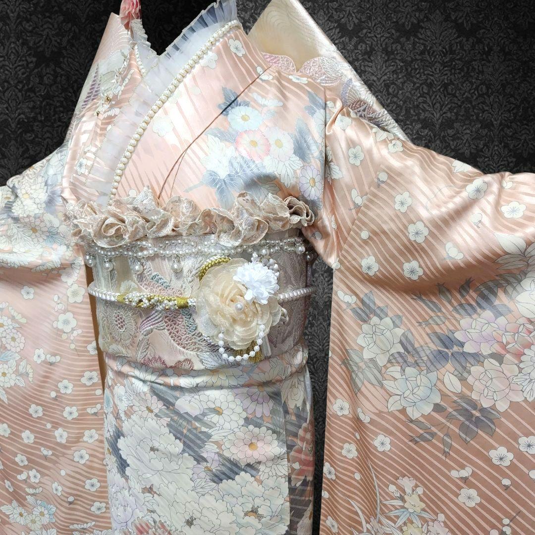 振袖フルセット(9点)・成人式・古典柄・銀駒刺繍・大輪牡丹・くすみカラー・花模様