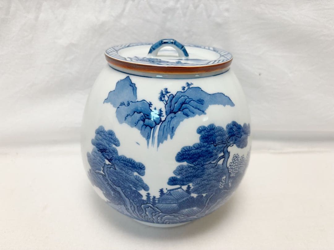 未使用 茶道具 加藤郷山造 山水染付 芋頭 水指 底印 煎茶道具 茶事 茶会共箱