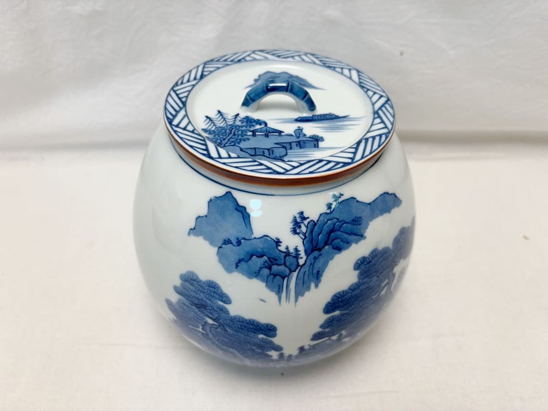 未使用 茶道具 加藤郷山造 山水染付 芋頭 水指 底印 煎茶道具 茶事 茶会共箱