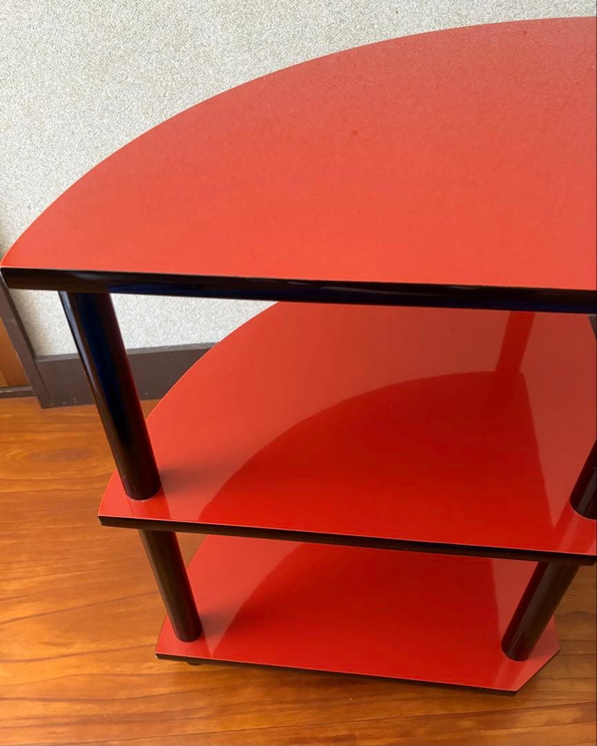 和テイスト 工芸品 木製 コーナー型 3段シェルフ コーナーラック 赤