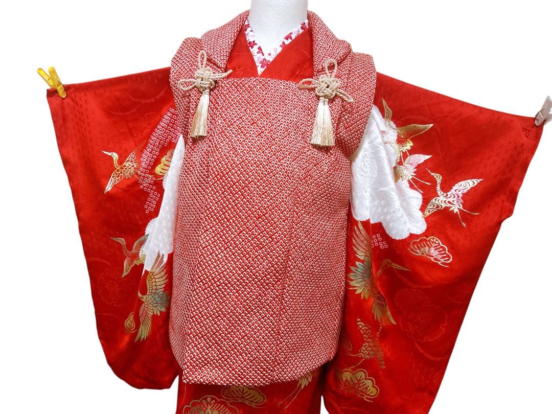 人気の総絞り被布♡七五三　3歳　女の子　フルセット　一式　赤系　鶴　正絹