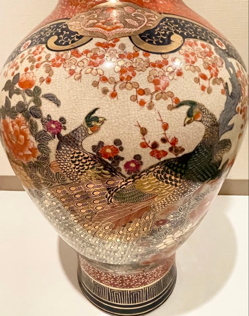 九谷焼 伊万里 陶月 梅牡丹孔雀獅子図金襴手 大花瓶 高さ約76cm