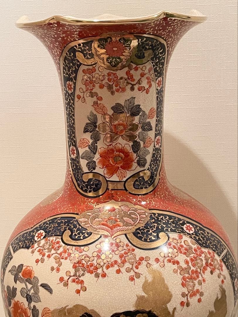 九谷焼 伊万里 陶月 梅牡丹孔雀獅子図金襴手 大花瓶 高さ約76cm