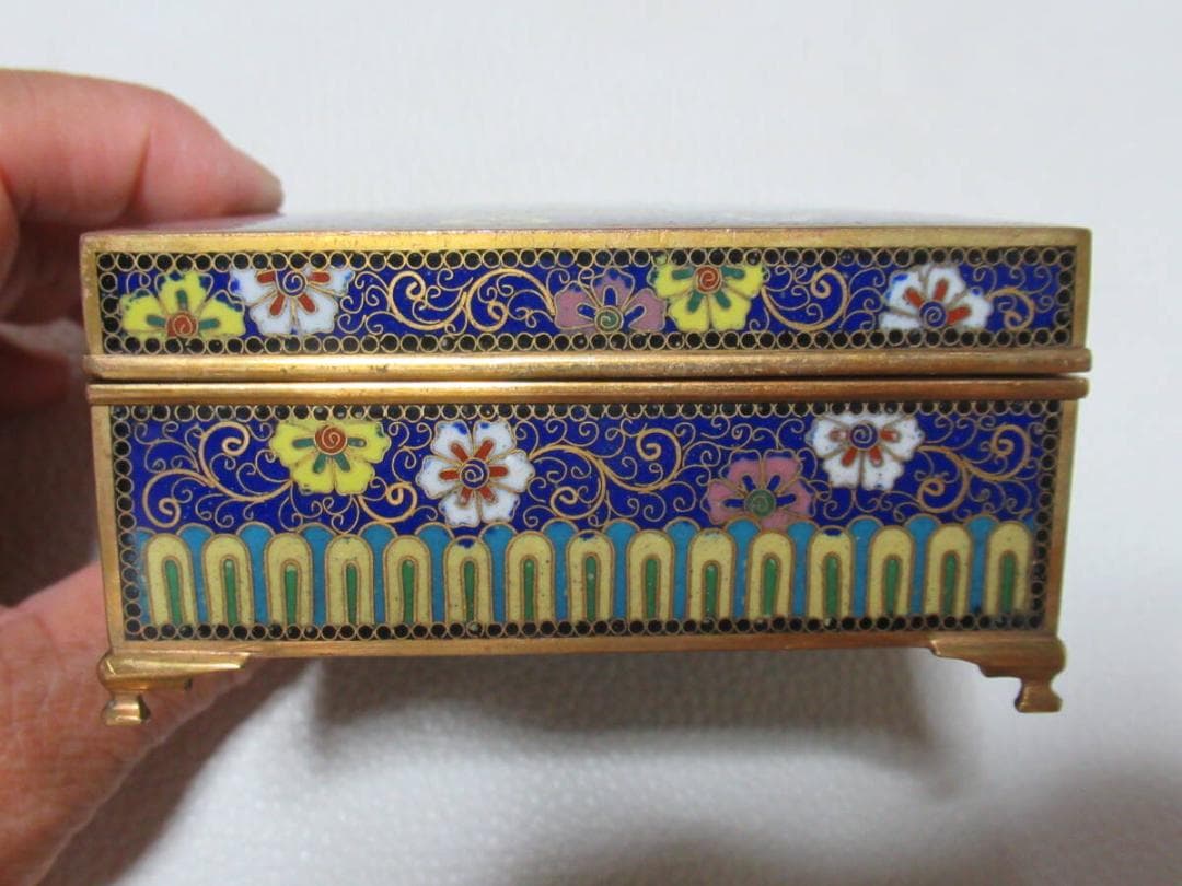 希少 明治30年◆京七宝 稲葉七宝 内金鍍金(竹/雀) 外観(花鳥図) 小物入れ