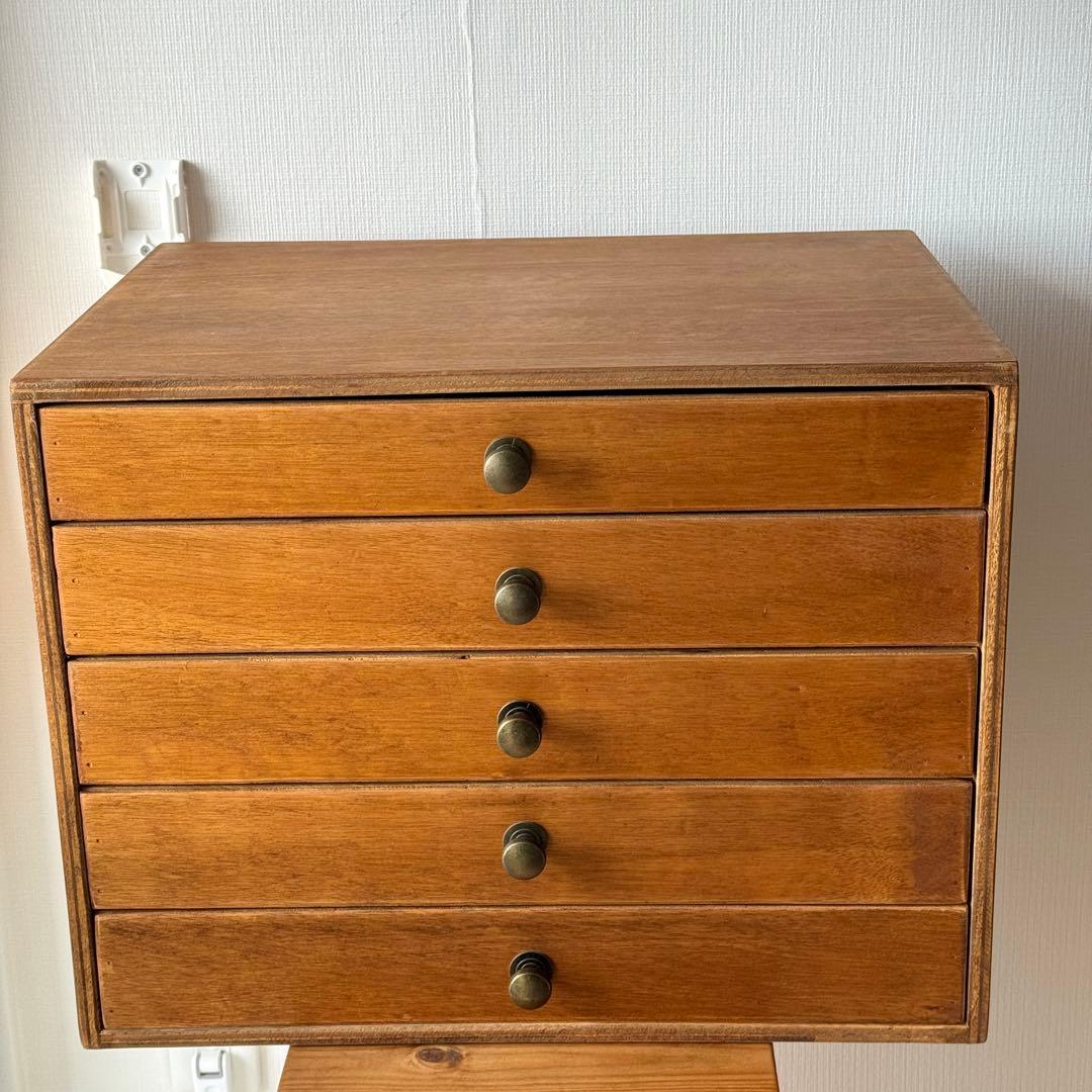 送料込み｜アンティーク調　木製の小引き出し　A3サイズ　5段　つまみタイプ