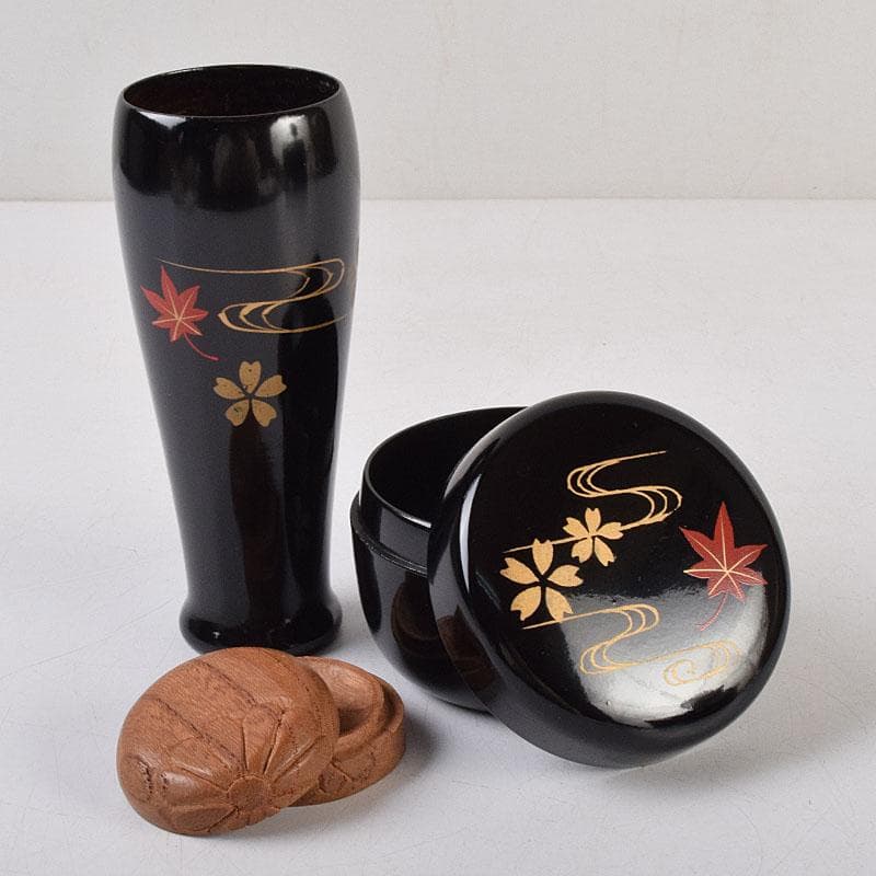 茶道具　黒漆　春秋蒔絵　茶箱　棗　巾筒など　九点　一式　仕覆付　M　R9327