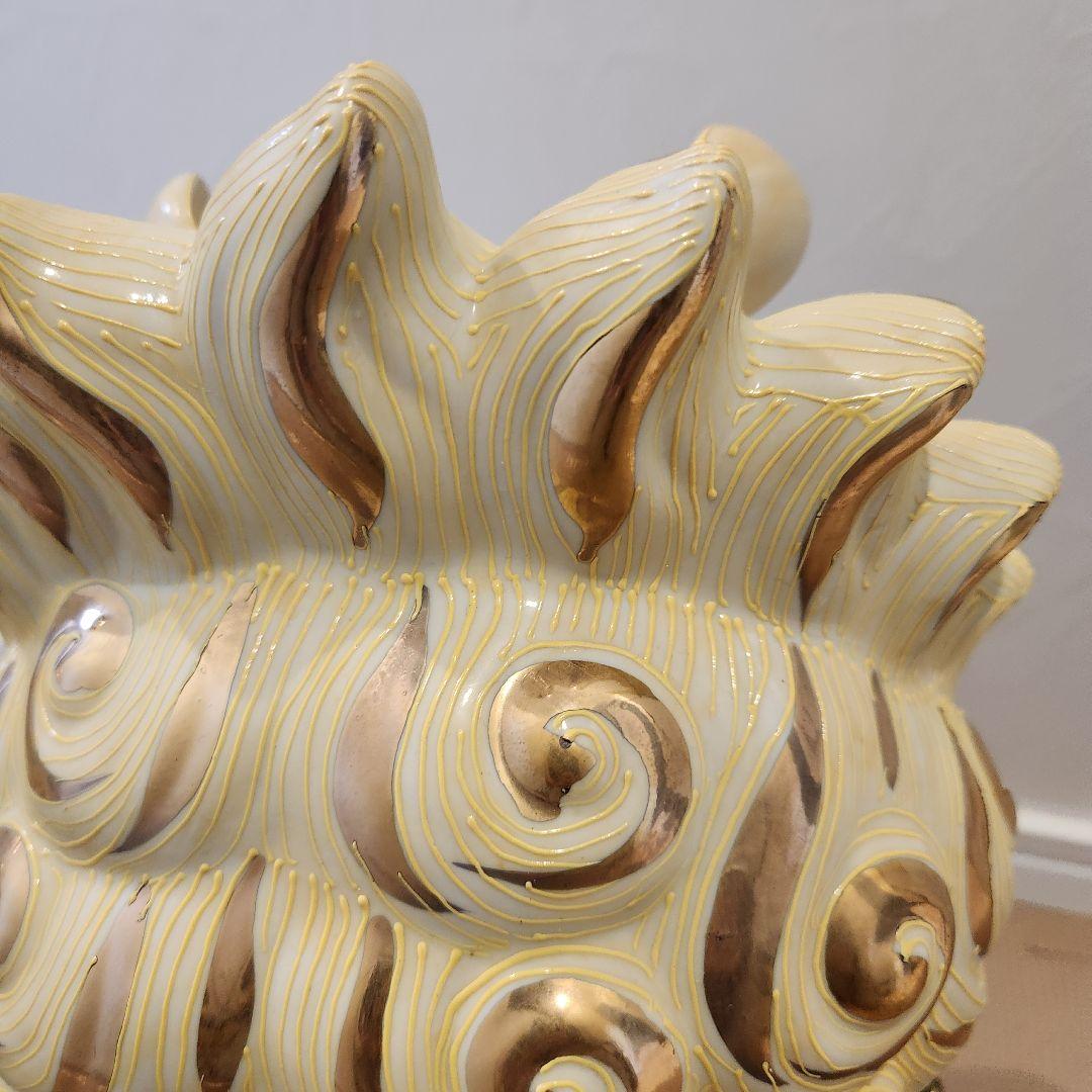 【美品】九谷焼 九谷須栄義 狛犬 シーサー/獅子 グリーン金彩 魔除け　玉