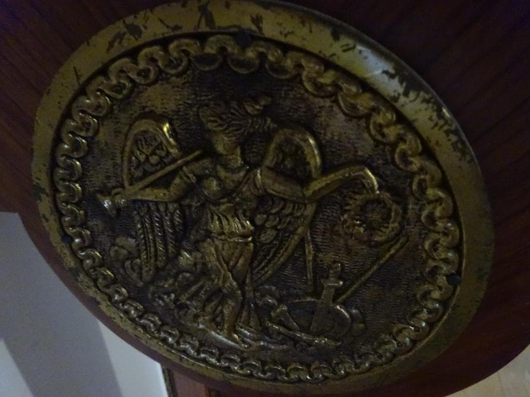 スペイン製　花台　時計台　飾り台　アンティーク　大理石天板　真鍮装飾