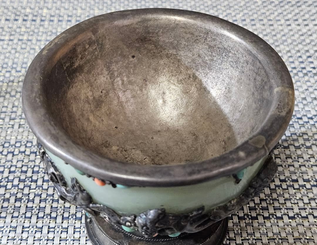 時代古作品❗中国古美術　大陸古美術　チベット古美術　銀彩龍飾り玉飾　酒杯　香炉