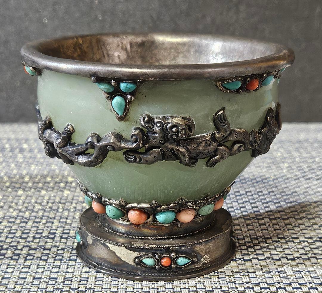 時代古作品❗中国古美術　大陸古美術　チベット古美術　銀彩龍飾り玉飾　酒杯　香炉