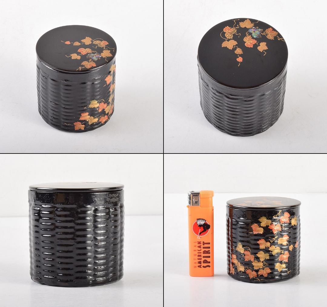 茶道具　白峰作　黒漆　螺鈿装飾　蔦時絵　篭棗　共箱　V　R4919