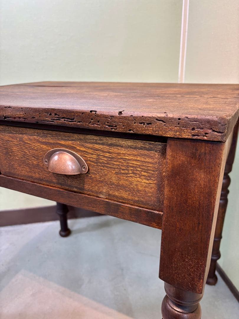 古家具 アンティーク机 2杯引き出し サイドテーブル ろくろ脚 無垢