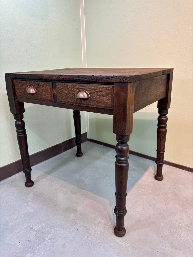 古家具 アンティーク机 2杯引き出し サイドテーブル ろくろ脚 無垢