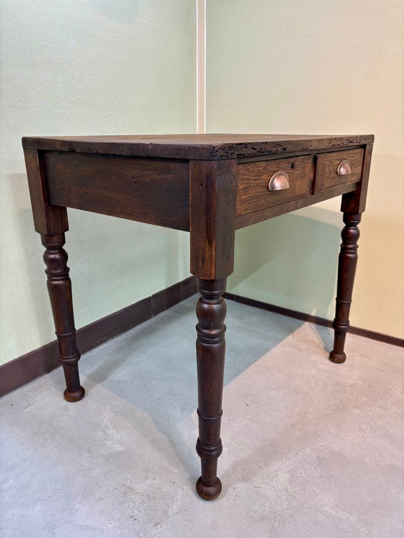 古家具 アンティーク机 2杯引き出し サイドテーブル ろくろ脚 無垢