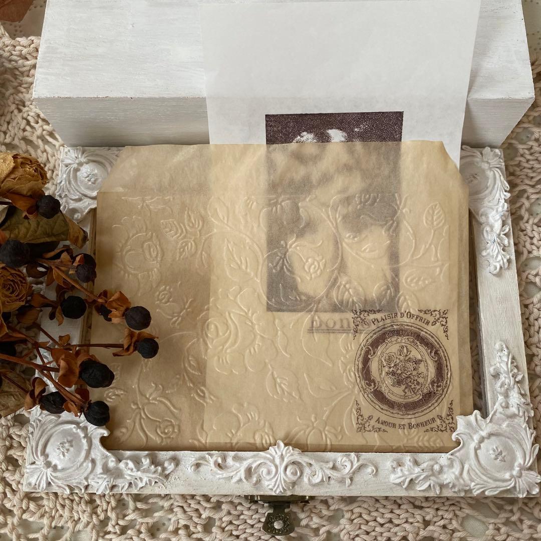 グラシン封筒〜ローズ＆ローズ〜アンティークスタンプ♡エンボス加工♡コーヒー染め