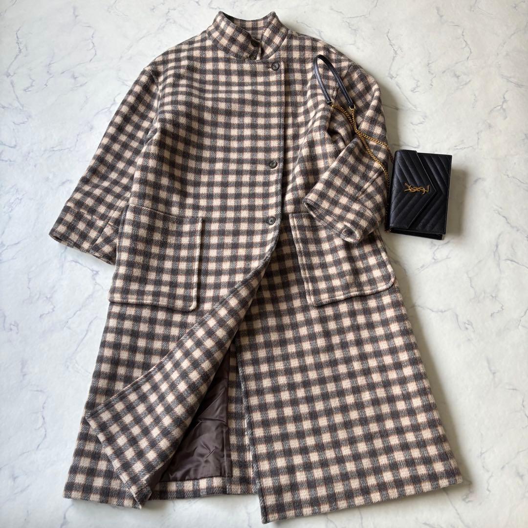 SLOBE IENA チェックスタンドコート　ロングコート　ウール◆6724