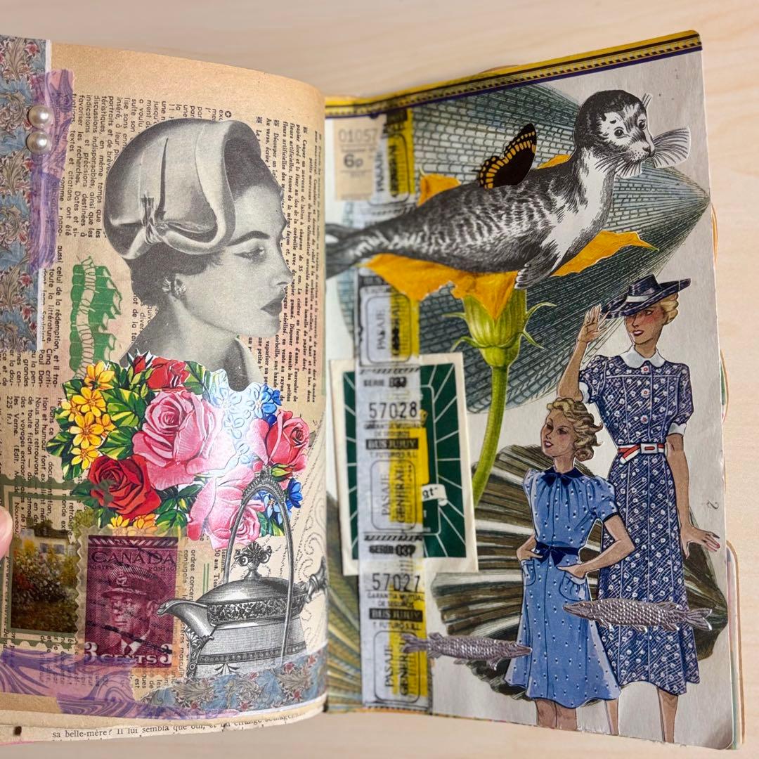 猫のジャンクジャーナル　コラージュ　おすそ分け　紙もの　ラベル　素材　絵本