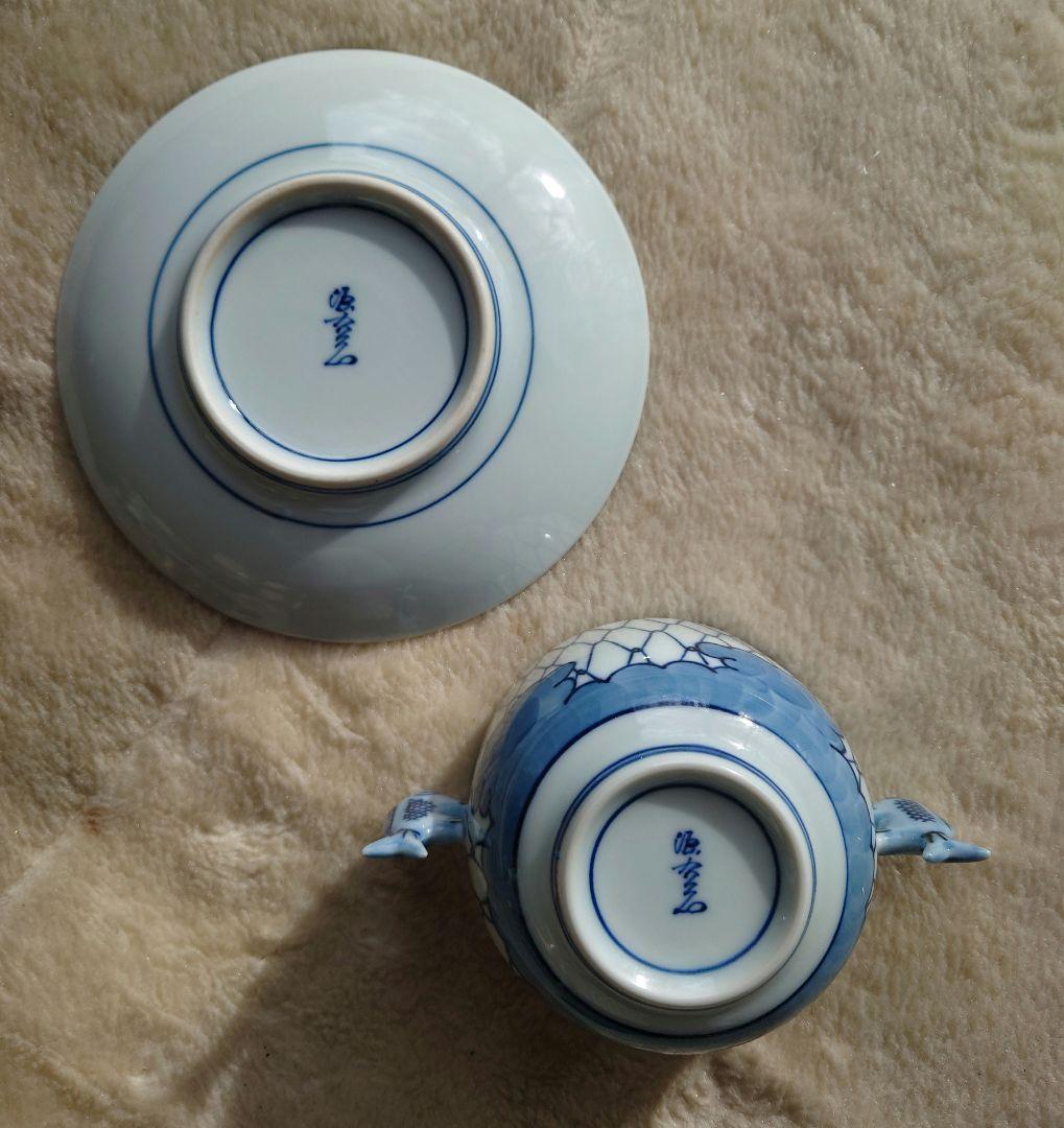 廃盤　館林源右衛門　魚網文双魚耳染め付け茶碗　スープ碗皿　カップ＆ソーサー