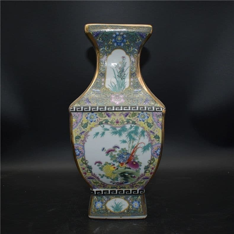 清乾隆琺瑯彩四方花鳥尊瓶 景徳鎮 陶磁器 装飾品 現代工芸品 美術品 置物