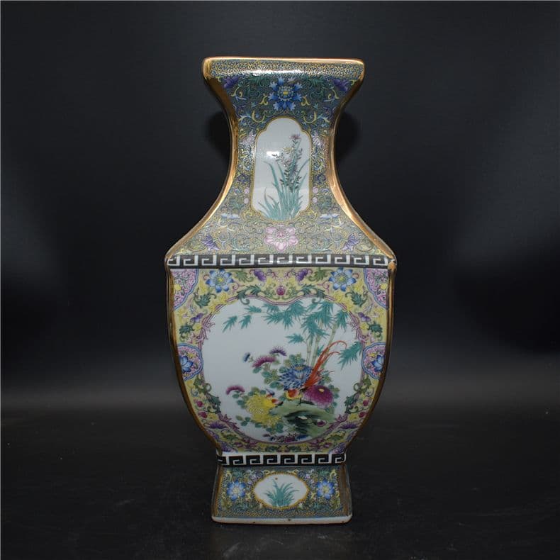 清乾隆琺瑯彩四方花鳥尊瓶 景徳鎮 陶磁器 装飾品 現代工芸品 美術品 置物