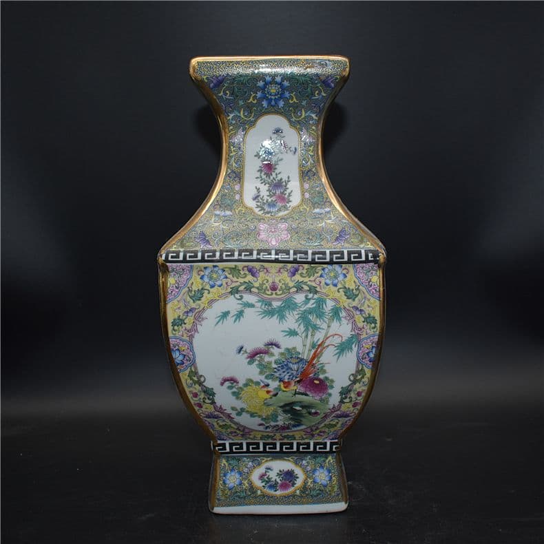 清乾隆琺瑯彩四方花鳥尊瓶 景徳鎮 陶磁器 装飾品 現代工芸品 美術品 置物
