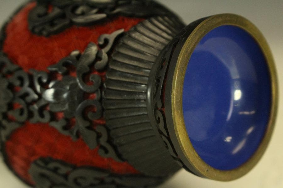 中国美術 堆朱堆黒 纏枝蓮花紋 瓶 高16.5cm(LC788)