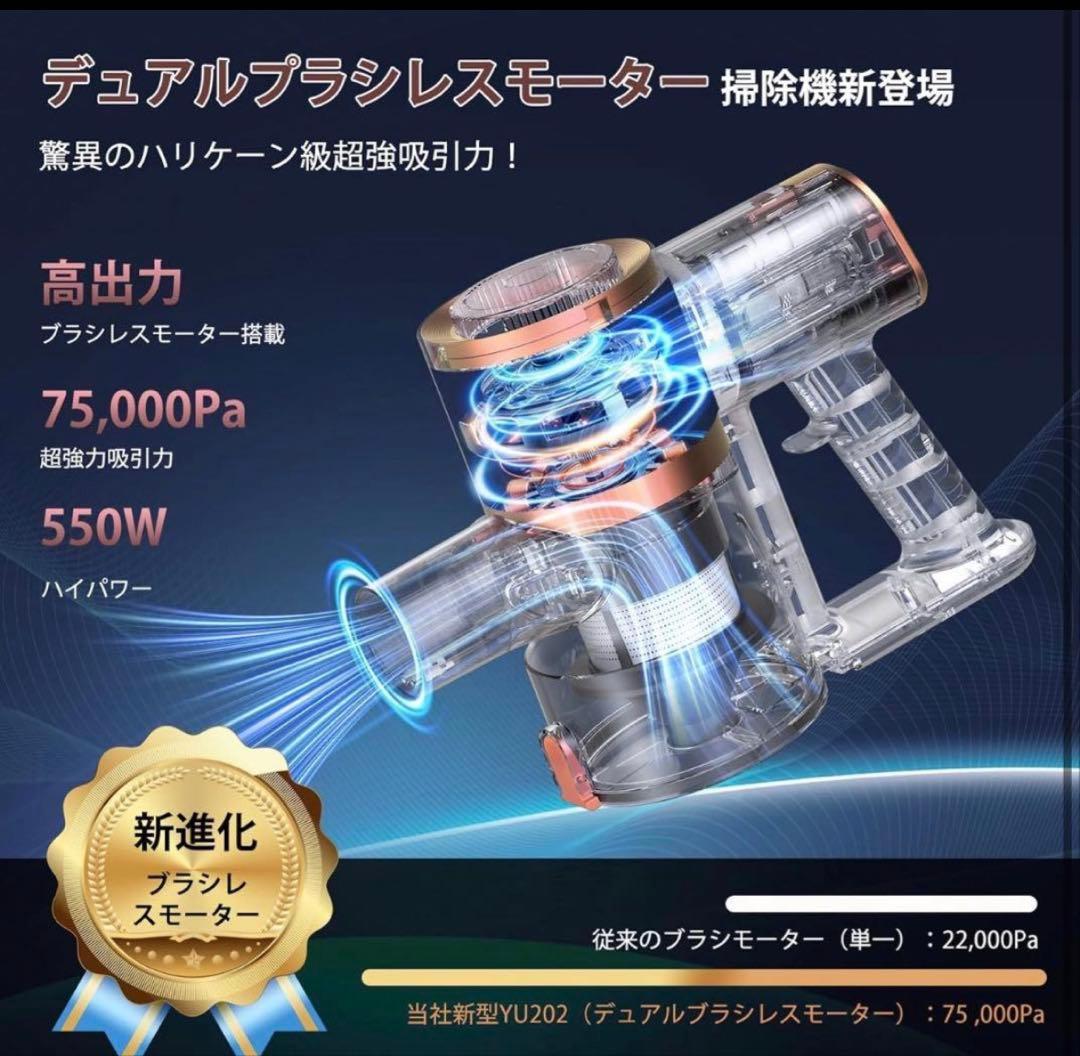 掃除機 コードレス 75Kpa超強力吸引 自立式 55分連続稼働 サイクロン
