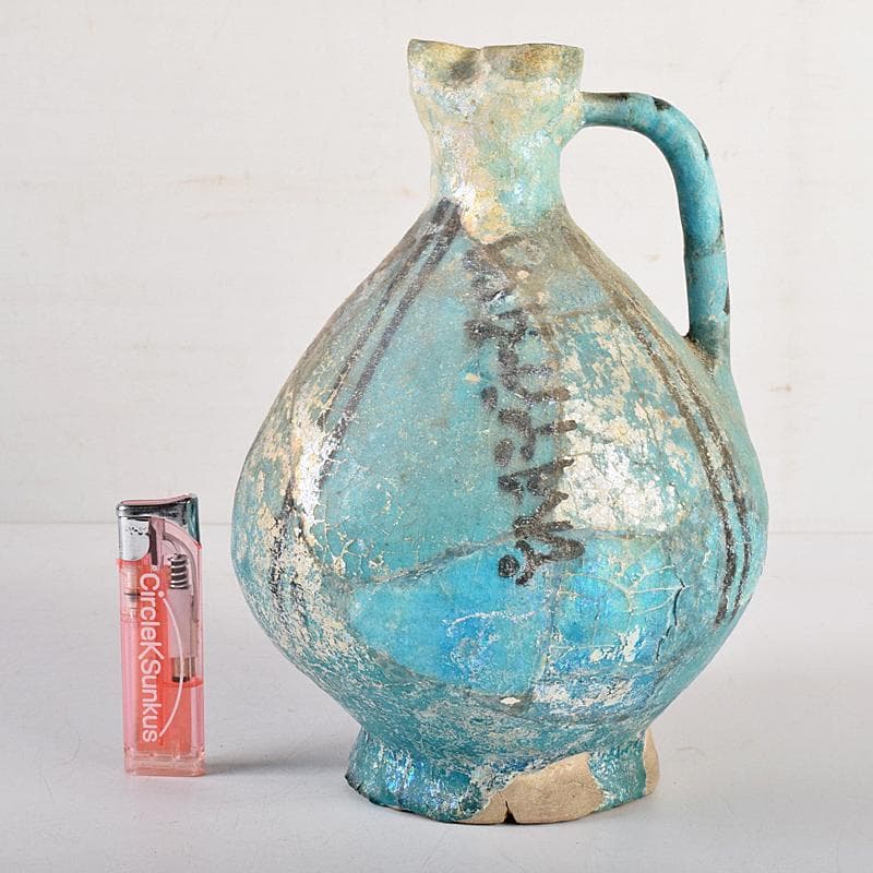 ペルシャ陶器　青釉銀化　水注　執壷　V　R8525