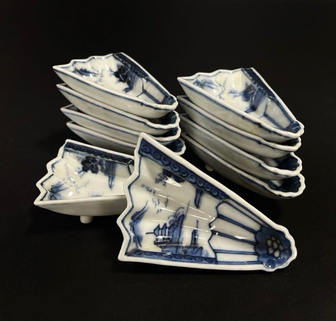 【稀少品】「母」中国古玩 古染付 風景図 扇面形 豆皿 10客 （YR）