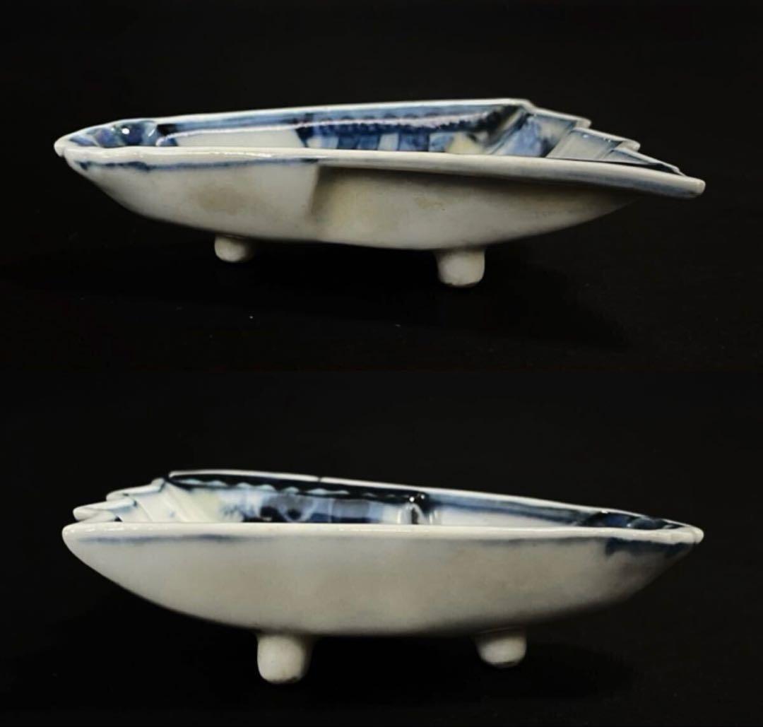 【稀少品】「母」中国古玩 古染付 風景図 扇面形 豆皿 10客 （YR）