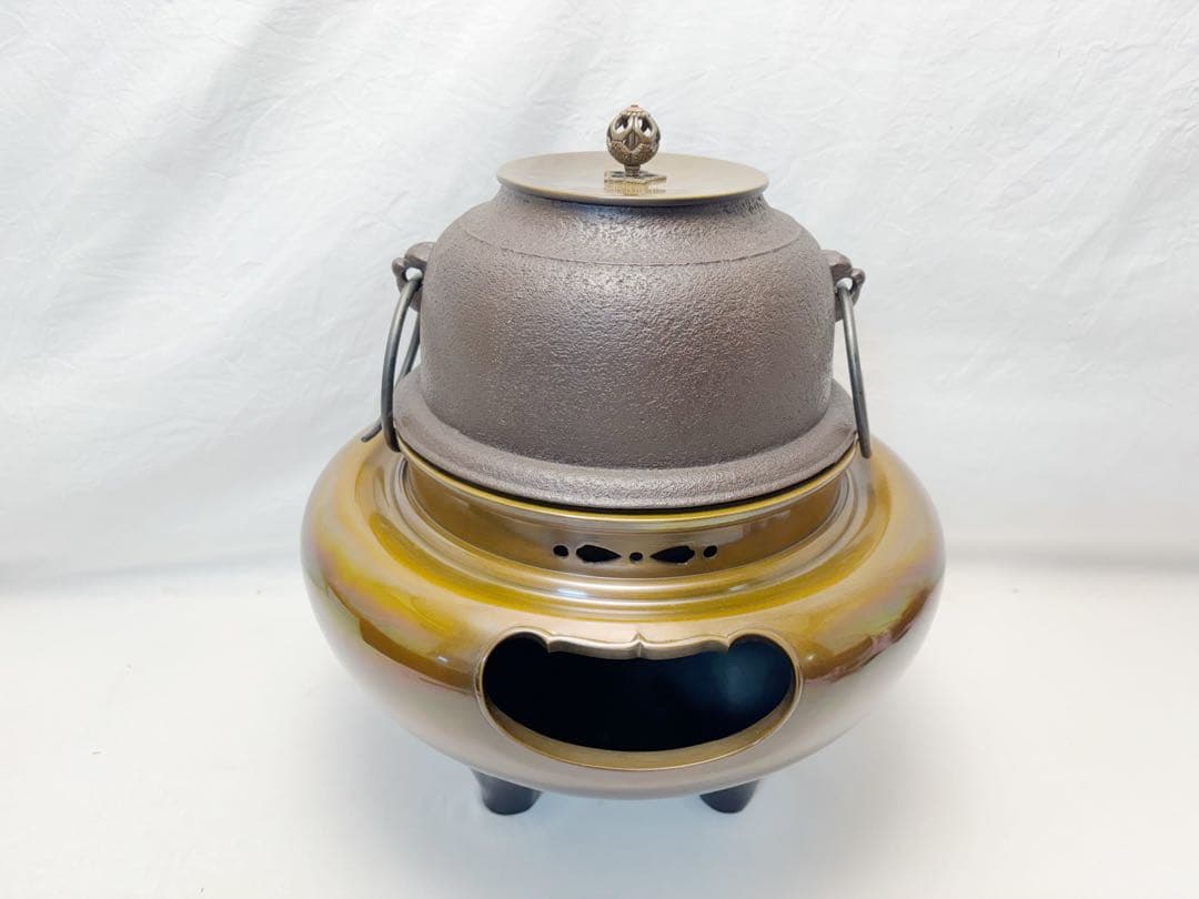 ほぼ未使用 茶道具 佐藤清光作 唐銅朝鮮風炉 真形釜添 釜印 敷板 風炉灰4個