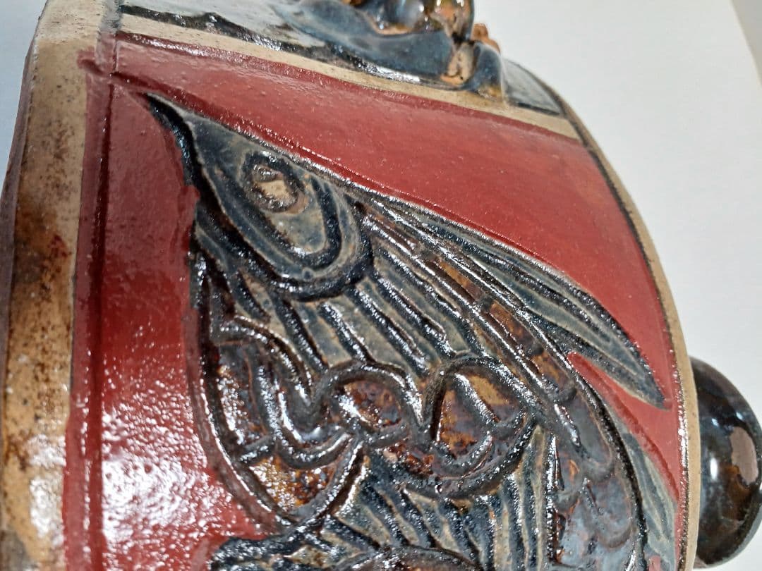 琉球壺屋焼　小橋川清正さん　抱瓶　双魚文　約24×15センチ