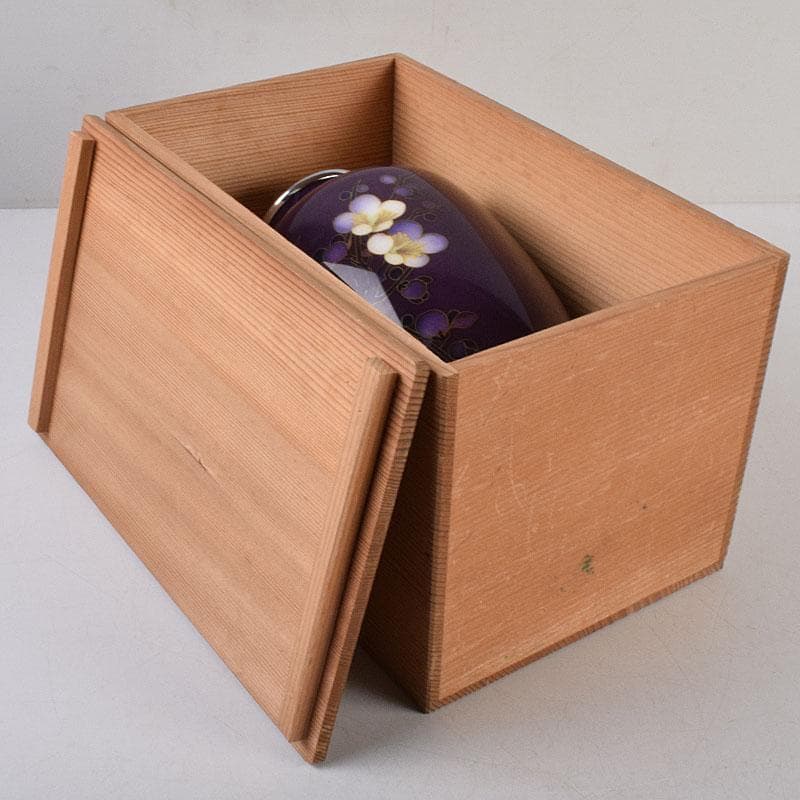 七宝焼　紫地梅文　花瓶　唐木台付　共箱　V　R9100