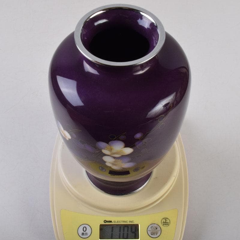 七宝焼　紫地梅文　花瓶　唐木台付　共箱　V　R9100