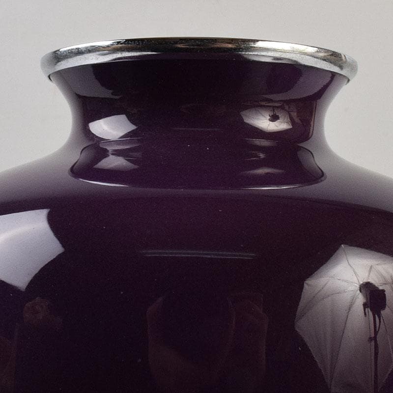 七宝焼　紫地梅文　花瓶　唐木台付　共箱　V　R9100