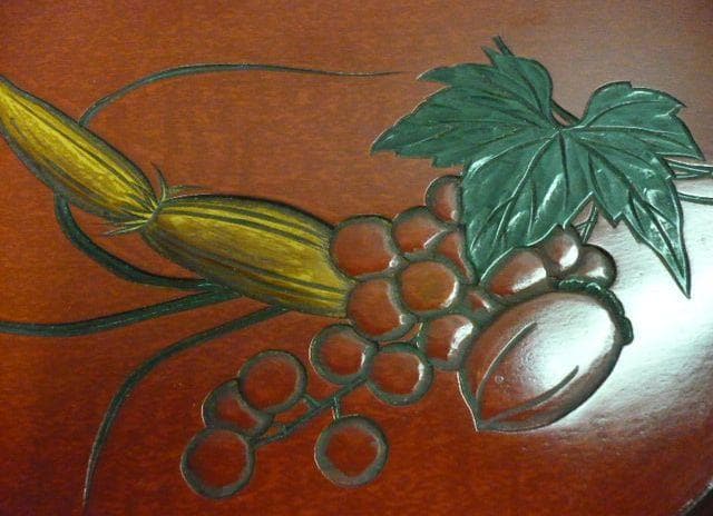 朱塗 彫刻 絵変り 丸盆 5枚 [B31315]