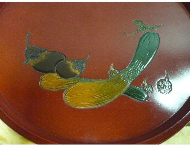 朱塗 彫刻 絵変り 丸盆 5枚 [B31315]