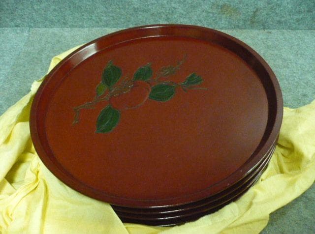 朱塗 彫刻 絵変り 丸盆 5枚 [B31315]