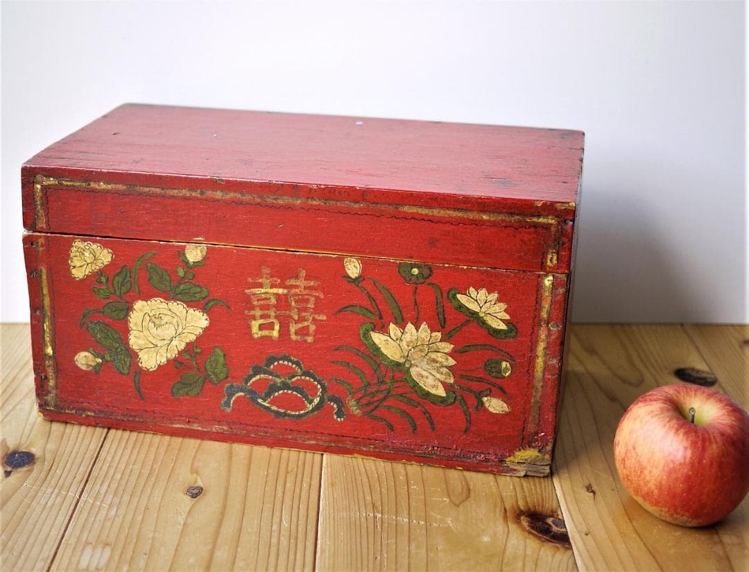 赤塗木箱　バニティージュエリーボックス　双喜吉祥図案　祝結婚記念　中国