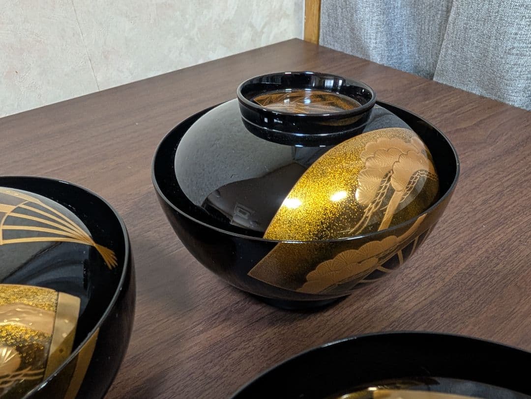 蒔絵　扇面　松竹梅　吸物椀　雑煮椀　煮物椀　５客セット　輪島塗