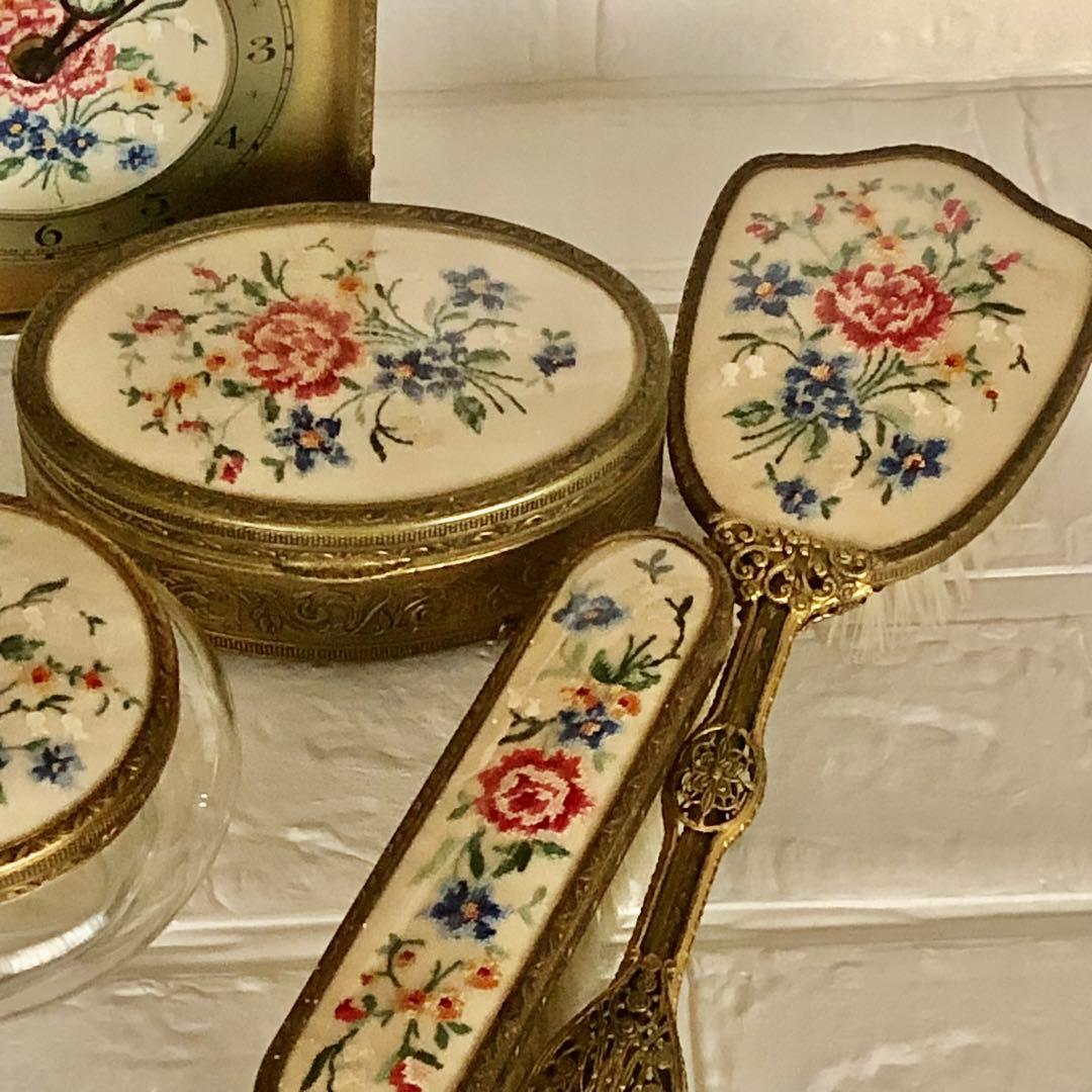 美品＊希少∮英アンティーク＊プチポアン＊プチポワン＊時計 ブラシ 小物入れ 5点