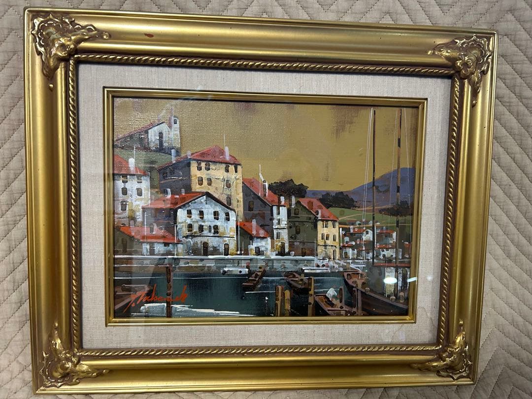 油絵　竹内敏彦　「スペインの港」　F4