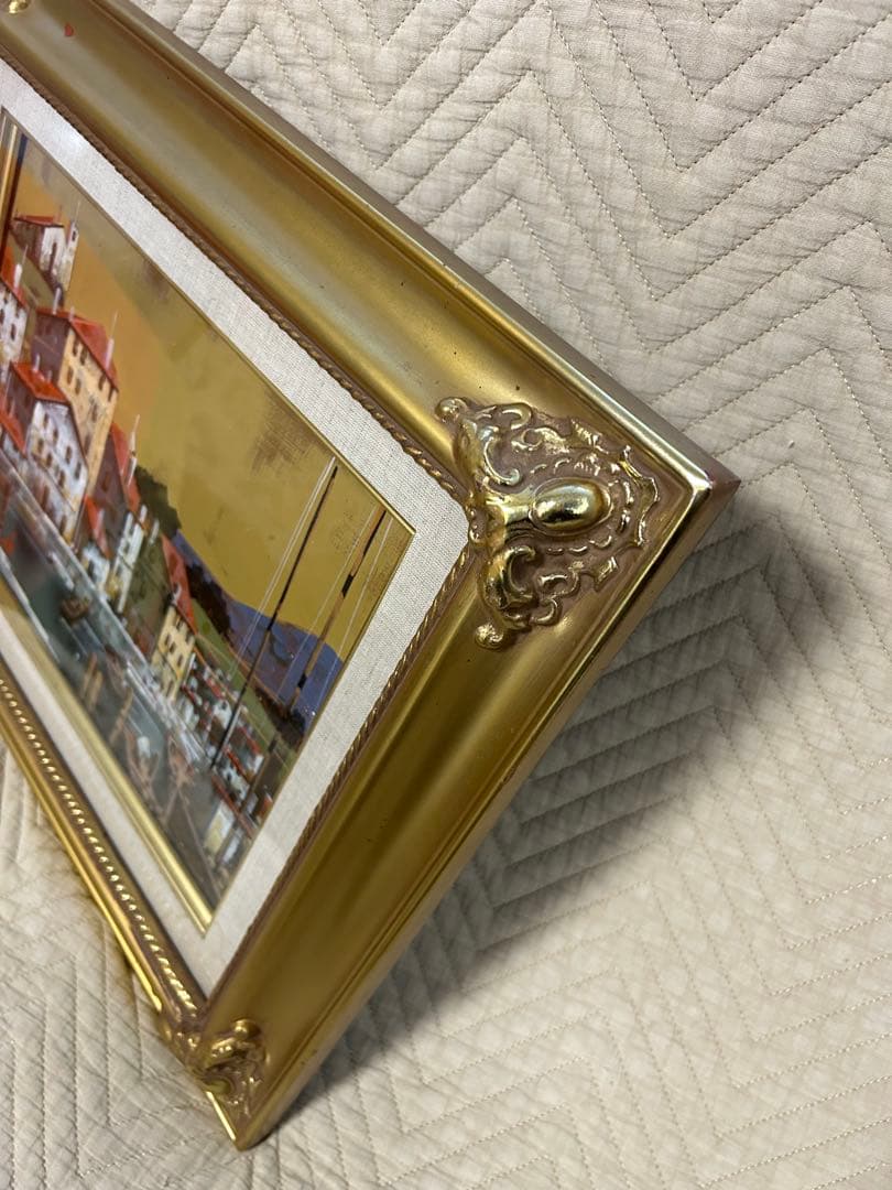 油絵　竹内敏彦　「スペインの港」　F4