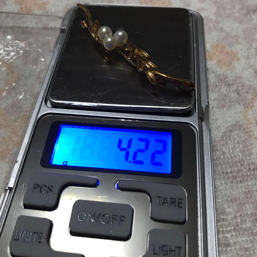 金色葉っぱブローチ パール付きk18