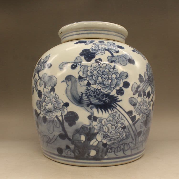 清光緒鯖牡丹花蓋缶 景徳鎮 陶磁器 装飾品 現代工芸品 美術品 置物