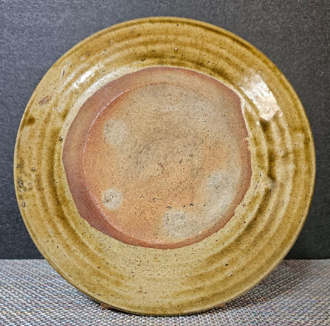 江戸時代後期～明治時代初期　黄瀬戸　織部　彫り絵付　すすきの図　行灯皿　灯り皿