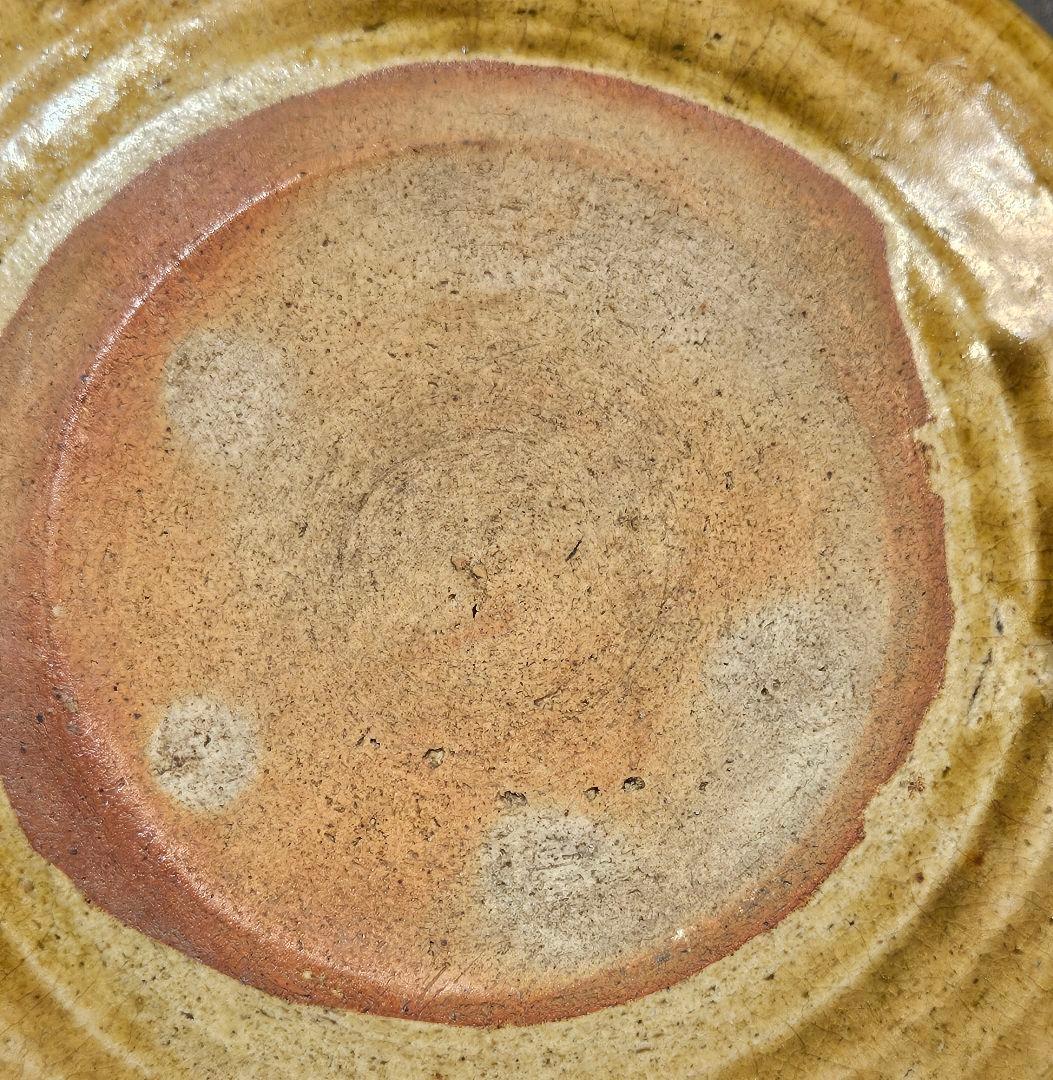 江戸時代後期～明治時代初期　黄瀬戸　織部　彫り絵付　すすきの図　行灯皿　灯り皿